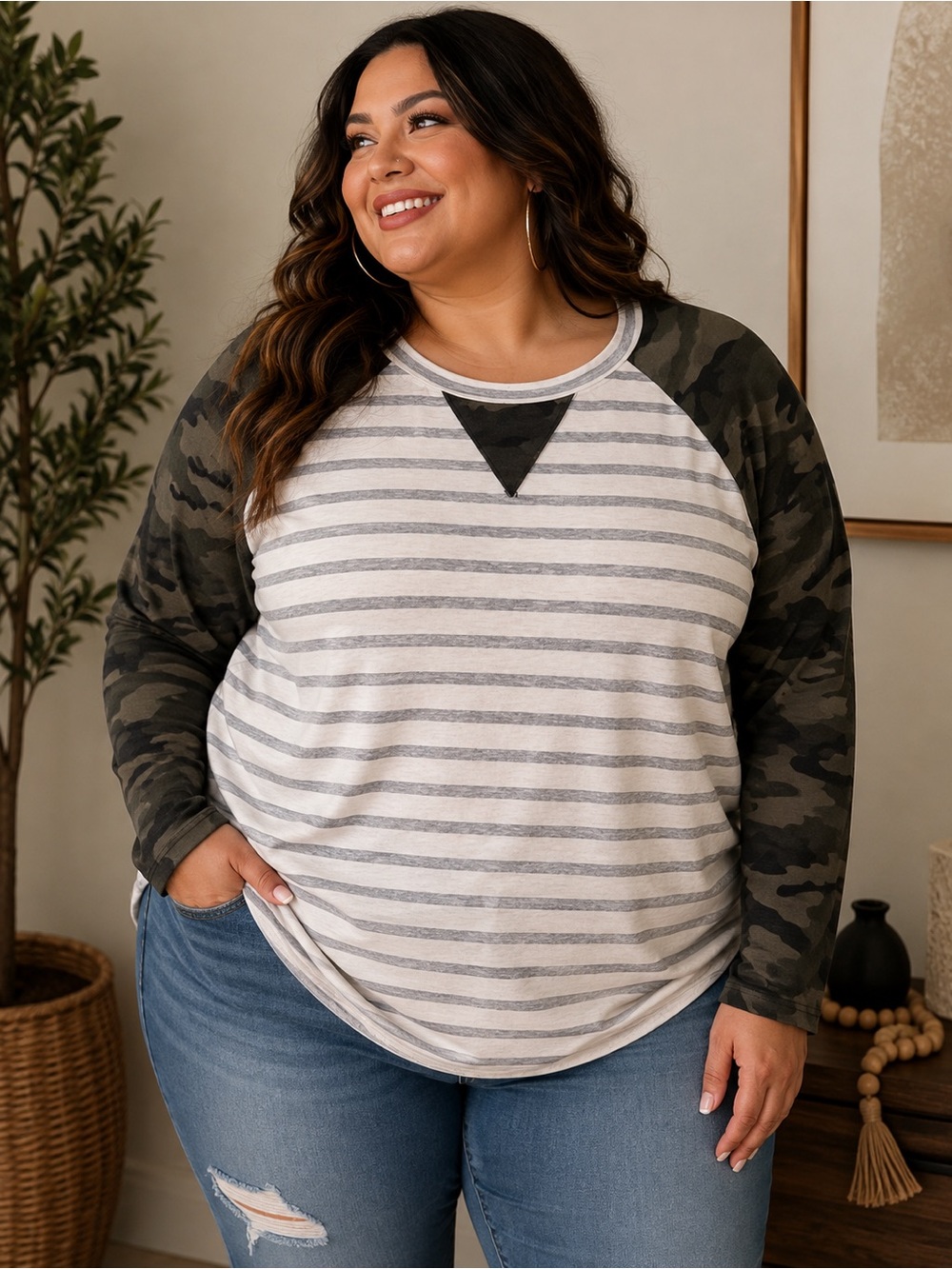 Lovely Melody Olive Camo Raglan Stripe Sweatshirt